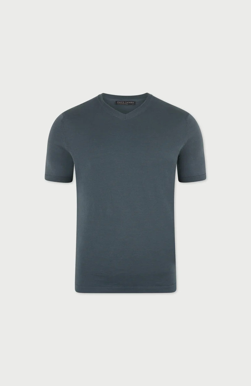 Mens Superfine Mercerised Cotton V Neck Knitted T-Shirt