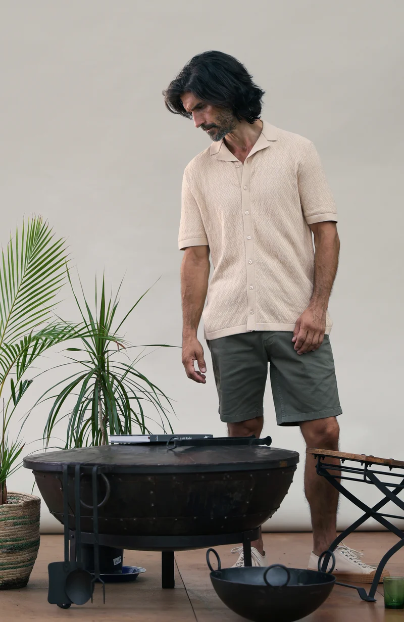 Mens Cotton Linen Racking Knit Resort Shirt