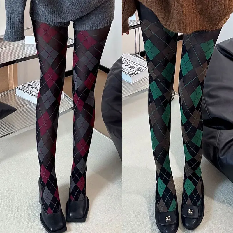 Damen Strumpfhose Karo Strümpfe Oberschenkelhoch Retro JK Style Sexy Dessous