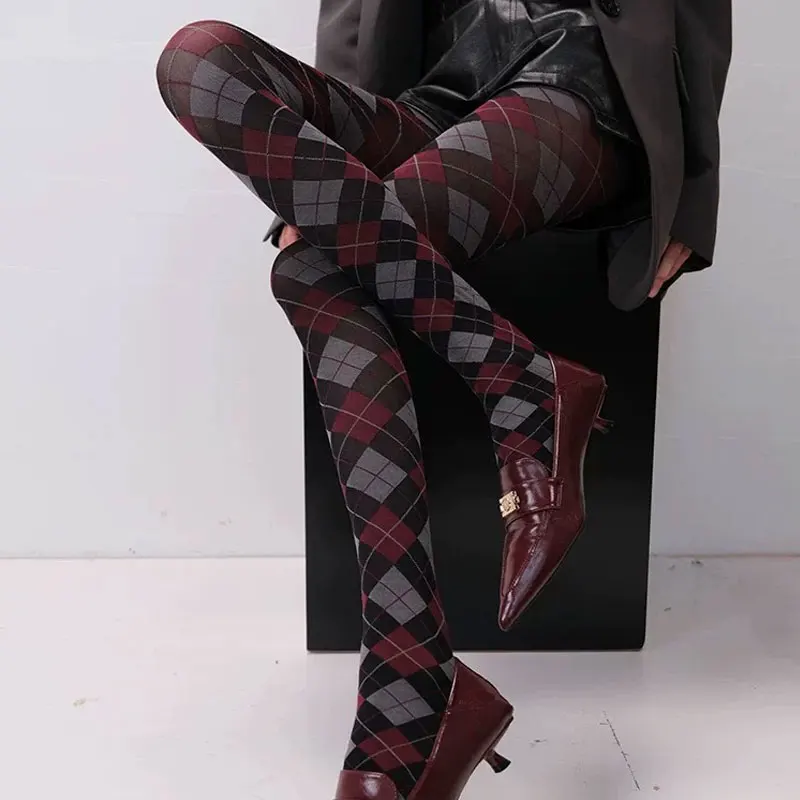 Damen Strumpfhose Karo Strümpfe Oberschenkelhoch Retro JK Style Sexy Dessous