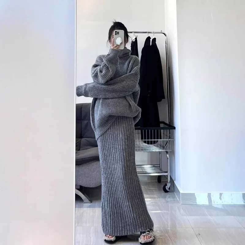 Damen Zweiteiler Set Pullover Rollkragen Strickrock Elastisch Herbst Winter