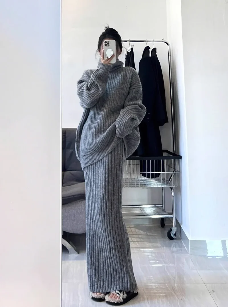 Damen Zweiteiler Set Pullover Rollkragen Strickrock Elastisch Herbst Winter