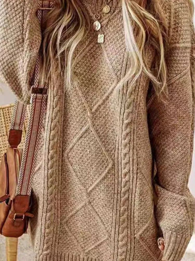 Strickkleid Damen Langarm Y2K Pullover Maxikleid Herbst Winter Khaki