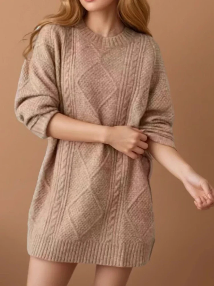 Strickkleid Damen Langarm Y2K Pullover Maxikleid Herbst Winter Khaki