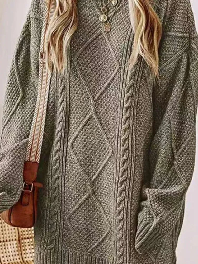 Strickkleid Damen Langarm Y2K Pullover Maxikleid Herbst Winter Khaki