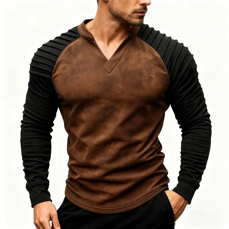 Herren Langarm T-Shirt Raglan Ärmel Patchwork Wildleder Casual Freizeit