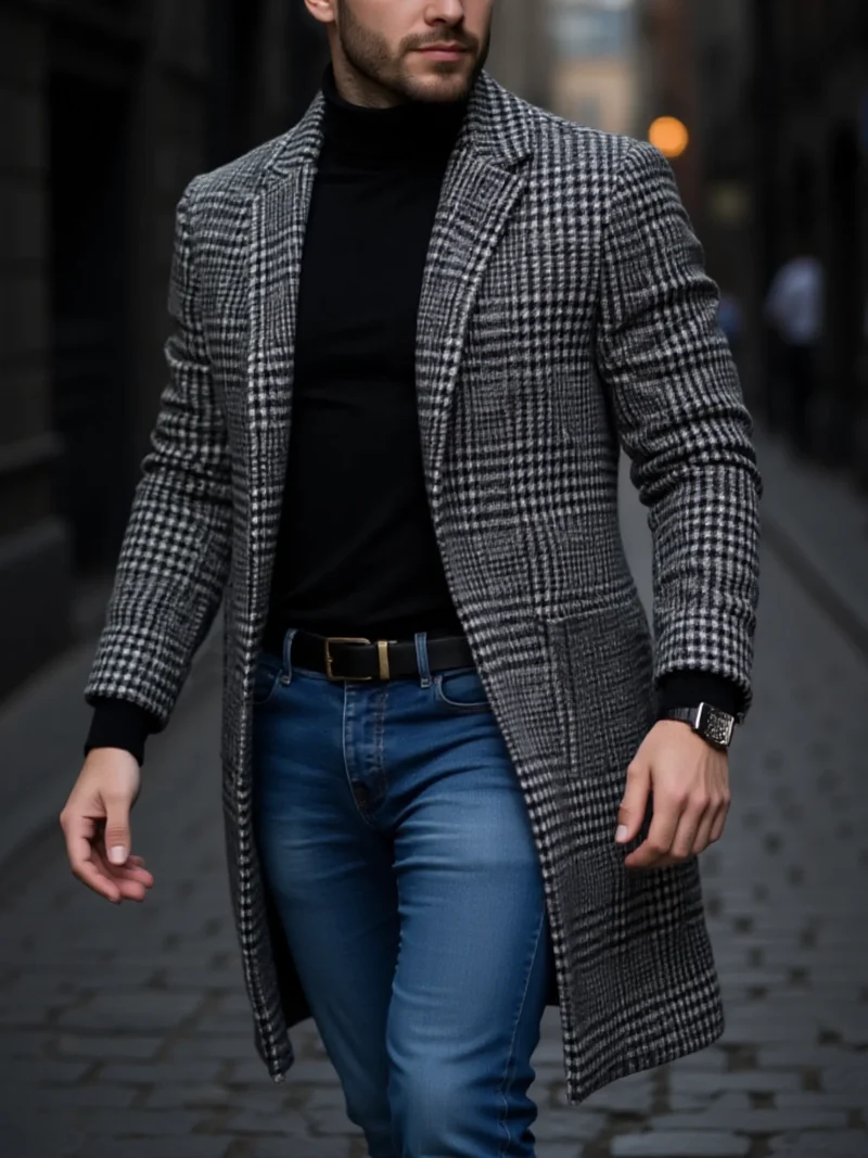 Herren Trenchcoat Hahnentritt Winter Warm Verdickt Winddicht Mantel Herbst