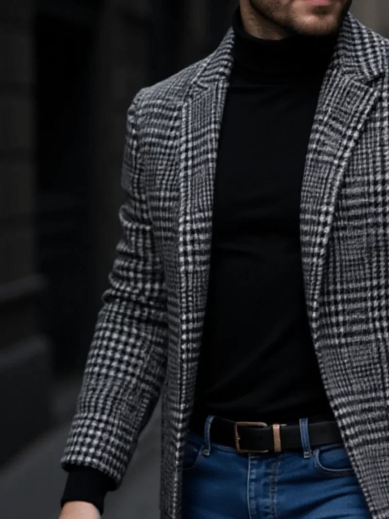 Herren Trenchcoat Hahnentritt Winter Warm Verdickt Winddicht Mantel Herbst