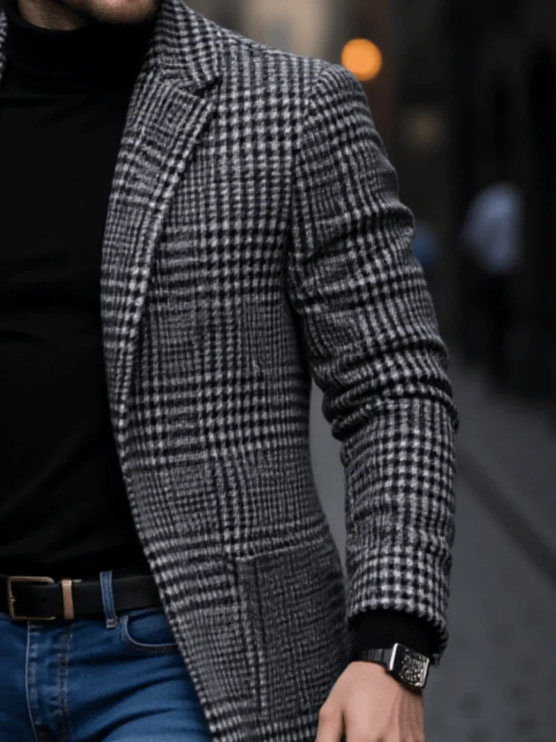 Herren Trenchcoat Hahnentritt Winter Warm Verdickt Winddicht Mantel Herbst