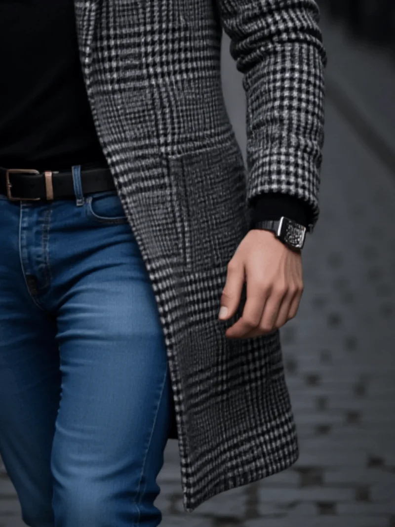 Herren Trenchcoat Hahnentritt Winter Warm Verdickt Winddicht Mantel Herbst