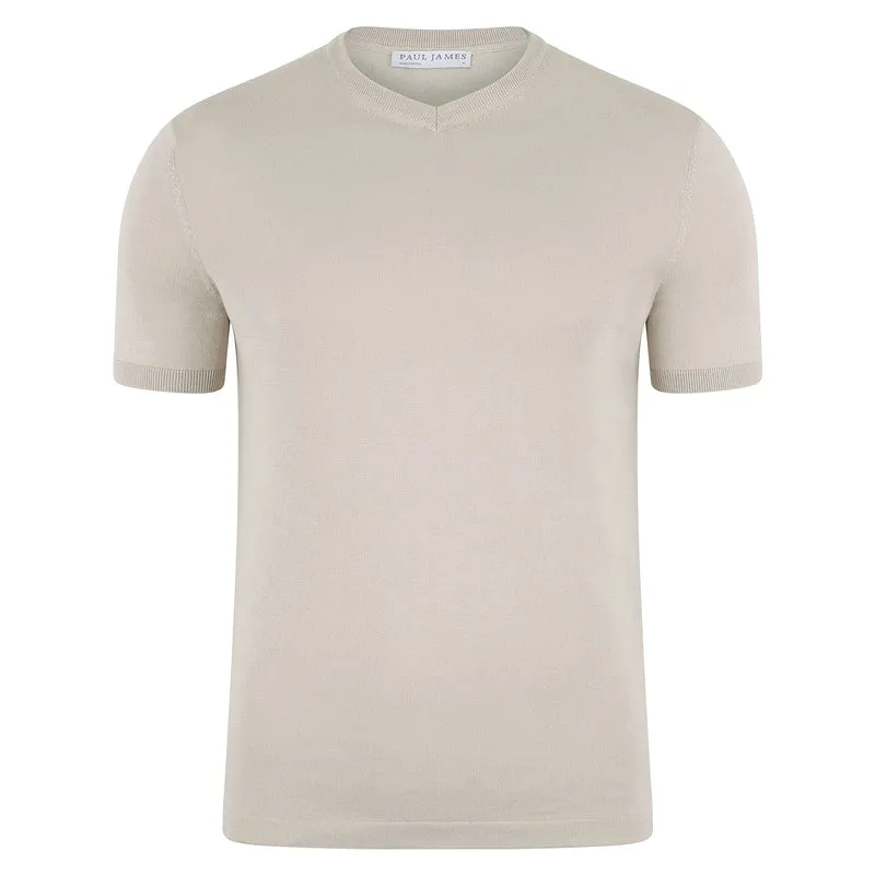 Mens Ultra Fine Cotton High V Neck Knitted T-Shirt