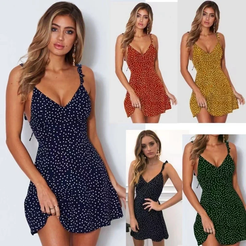 Damen Sommer Kleid A-Linie Midikleid Cocktail Freizeit Polka Dot Partydkleid