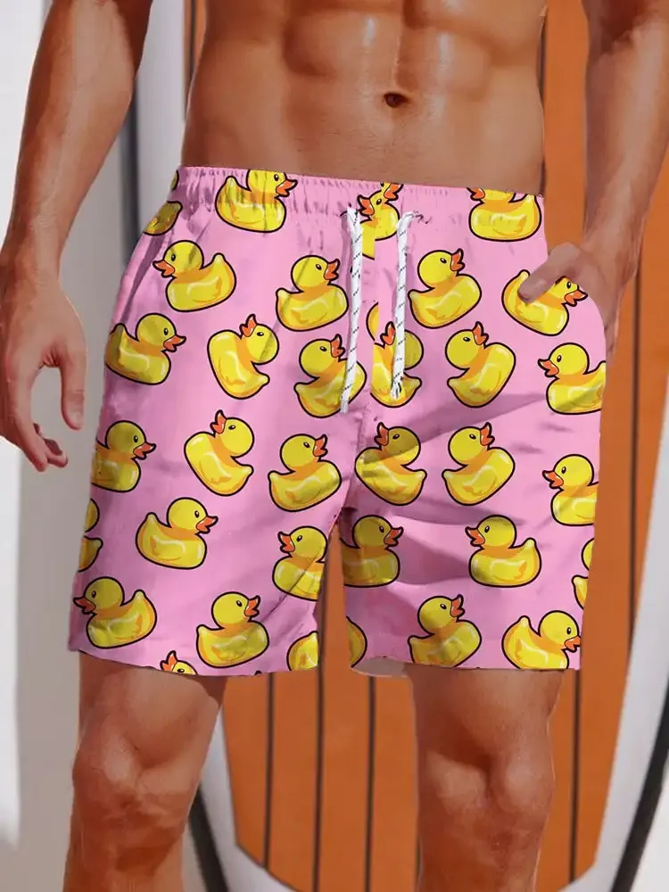 Herren Shorts Hawaii Gelbe Ente 3D Druck Badehose Elastische Taille Sommer