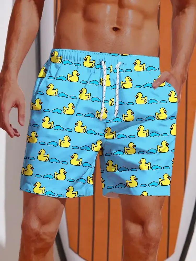 Herren Shorts Hawaii Gelbe Ente 3D Druck Badehose Elastische Taille Sommer