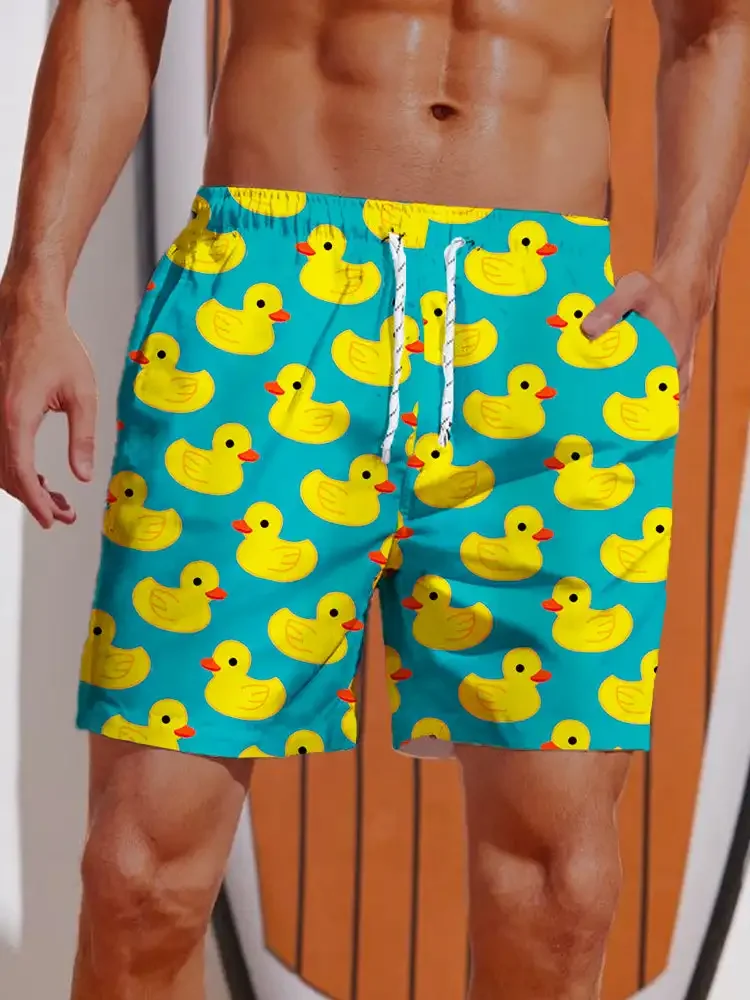 Herren Shorts Hawaii Gelbe Ente 3D Druck Badehose Elastische Taille Sommer