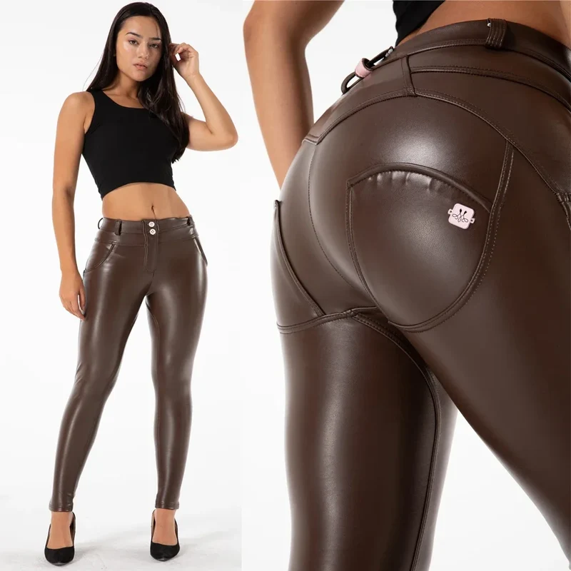 Sexy Skinny PU Leder Leggings Damen Hohe Taille Push Up Bleistifthose Slim