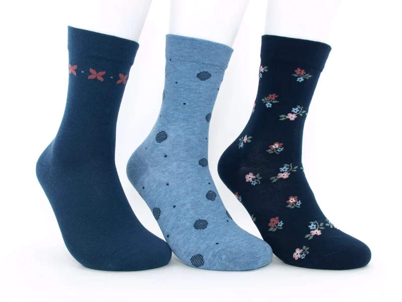 3 Paar Damen Gesundheitssocken venenfreundlich Blümchen jeans