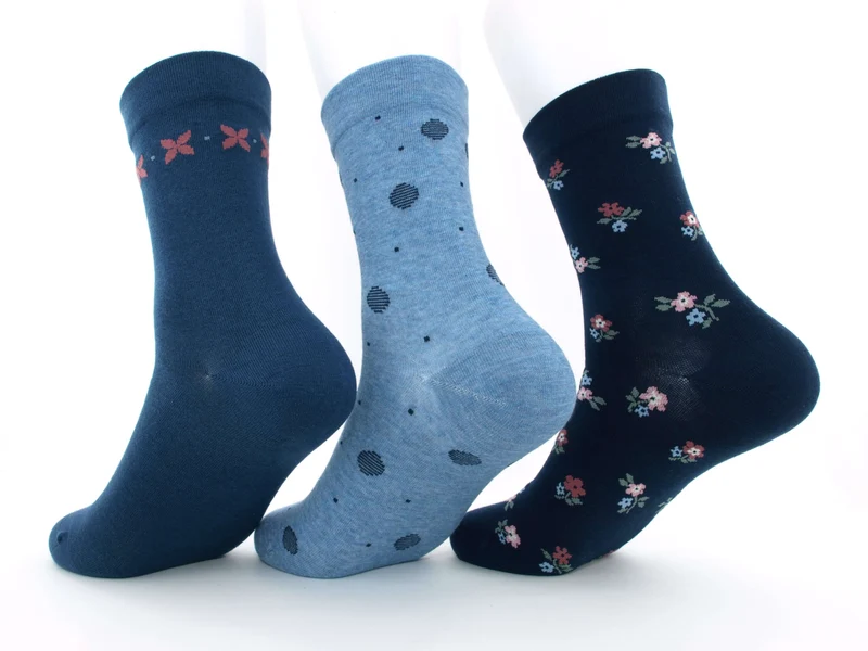 3 Paar Damen Gesundheitssocken venenfreundlich Blümchen jeans