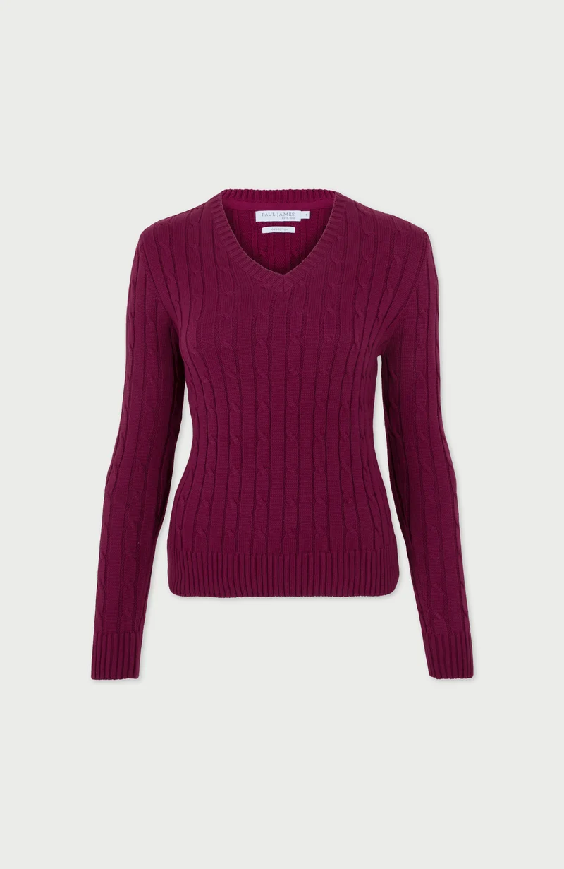 Damenpullover aus 100 % Baumwolle mit Zopfmuster und V-Ausschnitt