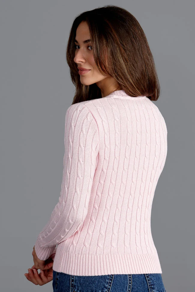 Damenpullover aus 100 % Baumwolle mit Zopfmuster und V-Ausschnitt