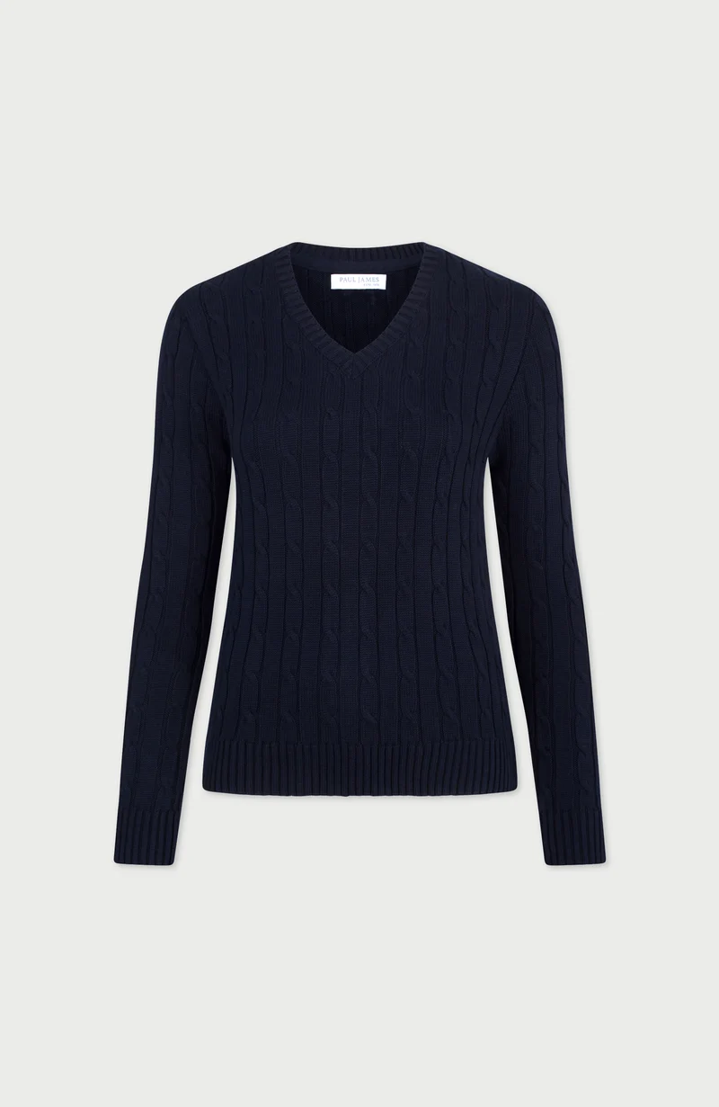 Damenpullover aus 100 % Baumwolle mit Zopfmuster und V-Ausschnitt