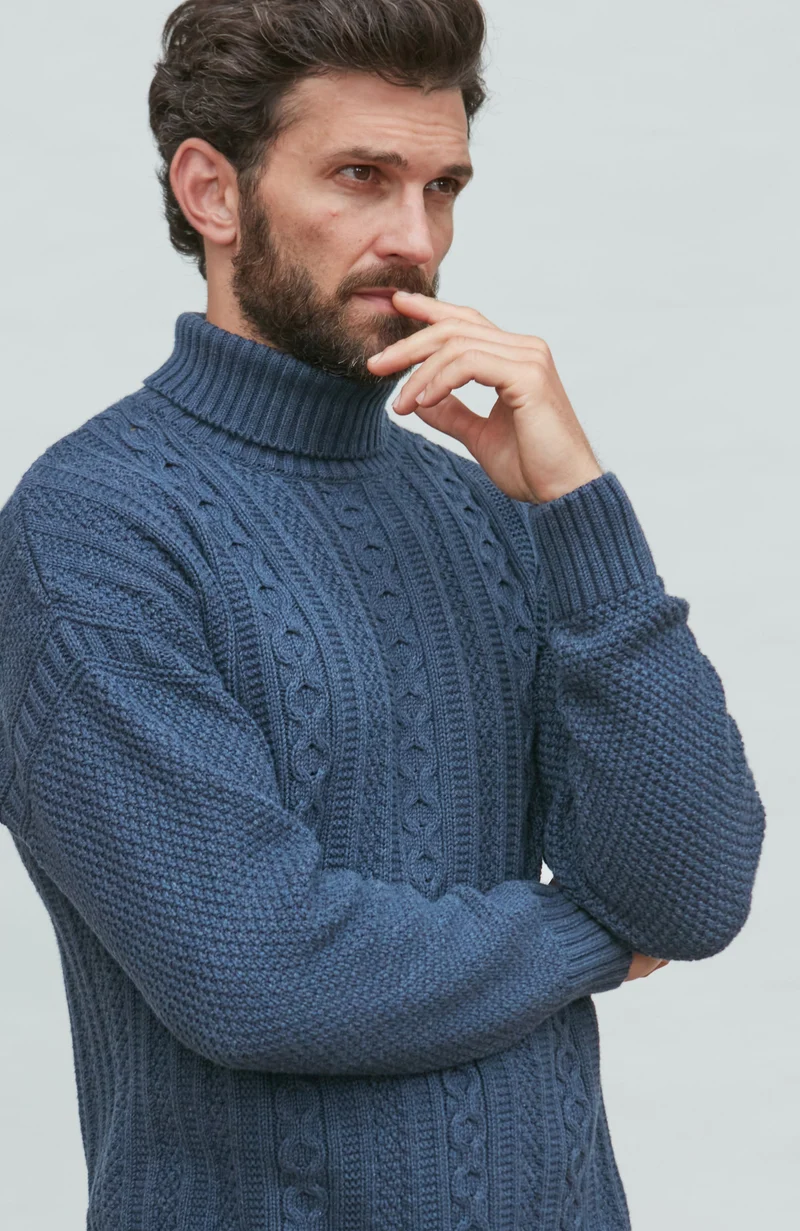 Mens Midweight Cotton Cable Roll Neck Gansey Jumper