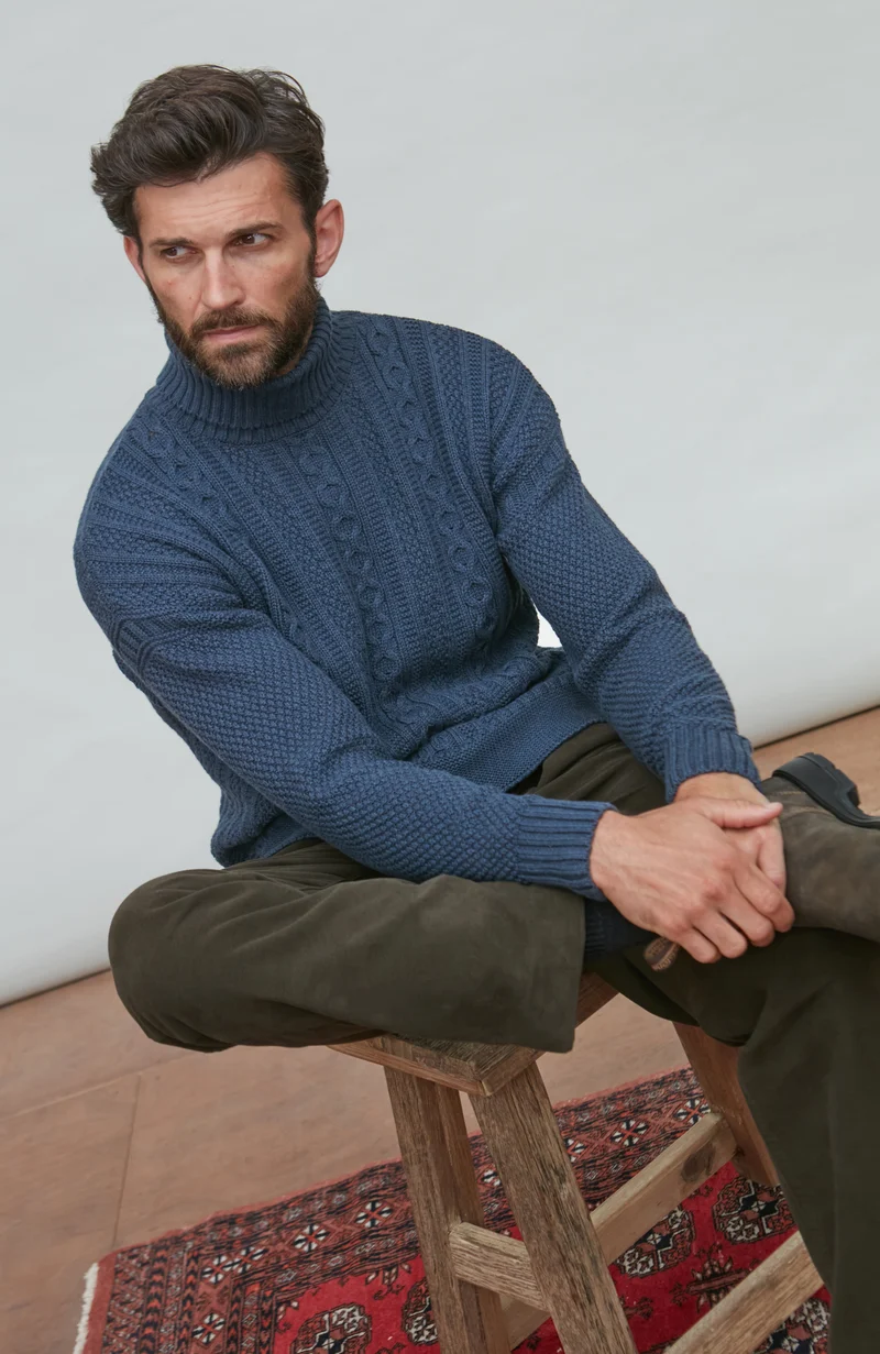 Mens Midweight Cotton Cable Roll Neck Gansey Jumper