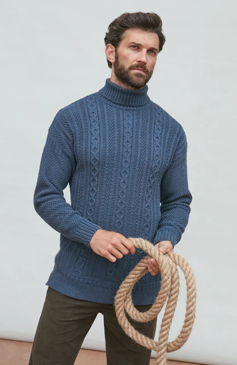 Mens Midweight Cotton Cable Roll Neck Gansey Jumper