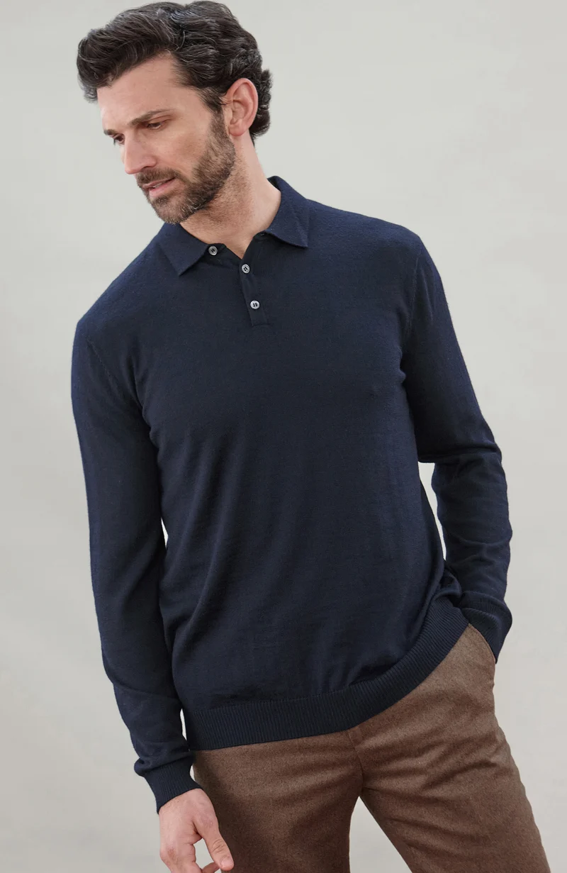 Langarm-Poloshirt aus extrafeiner Merinowolle für Herren