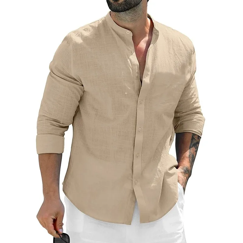 Herren Poloshirt Leinenhemd Langarm T-Shirt Leinen Hemd Polohemd Freizeithemd