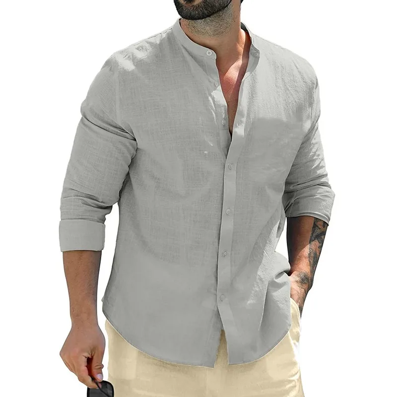 Herren Poloshirt Leinenhemd Langarm T-Shirt Leinen Hemd Polohemd Freizeithemd