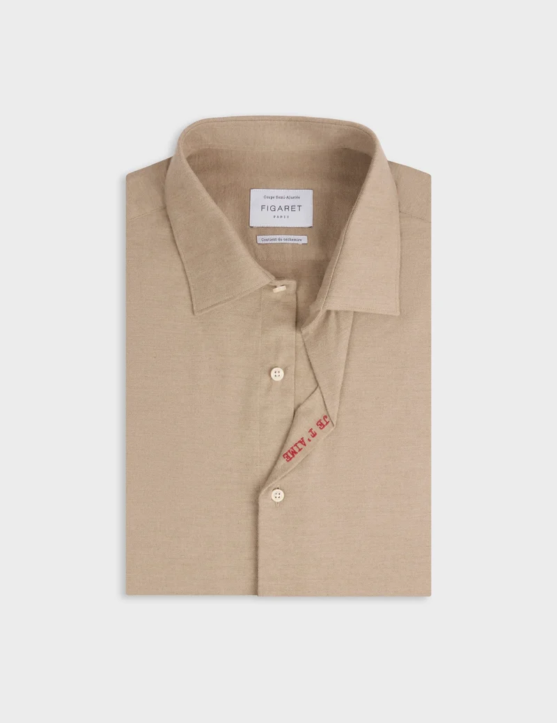 Chemise mixte "Je t'aime" en coton et cachemire beige