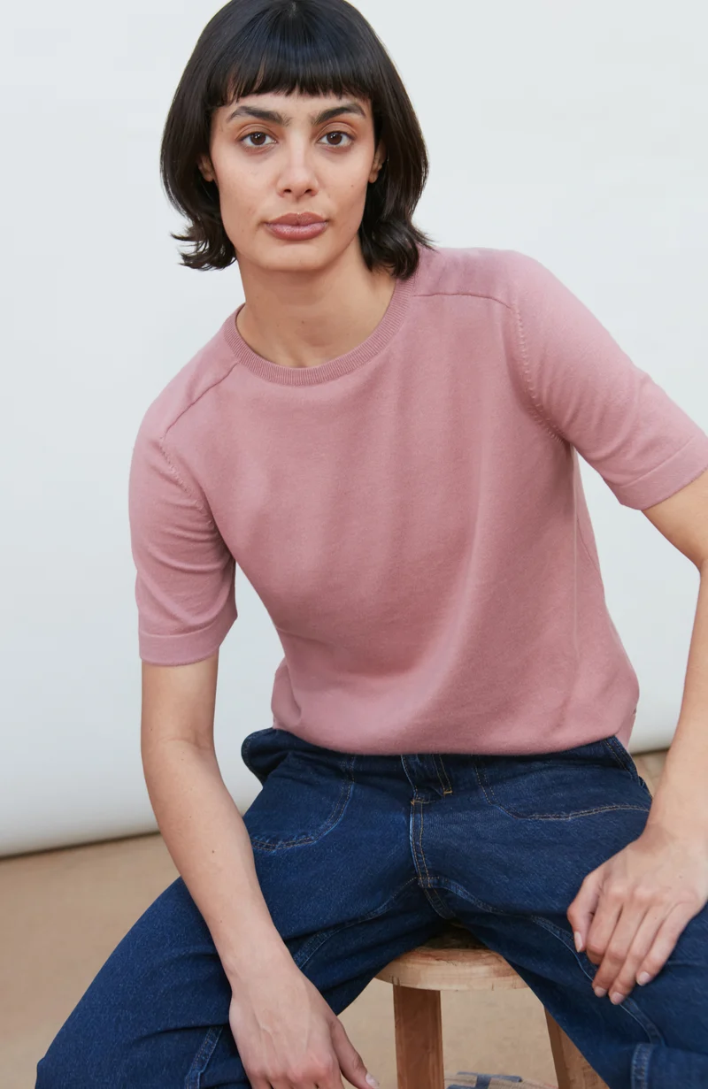 Womens Ultra Fine Cotton Saddle Shoulder Knitted T-Shirt