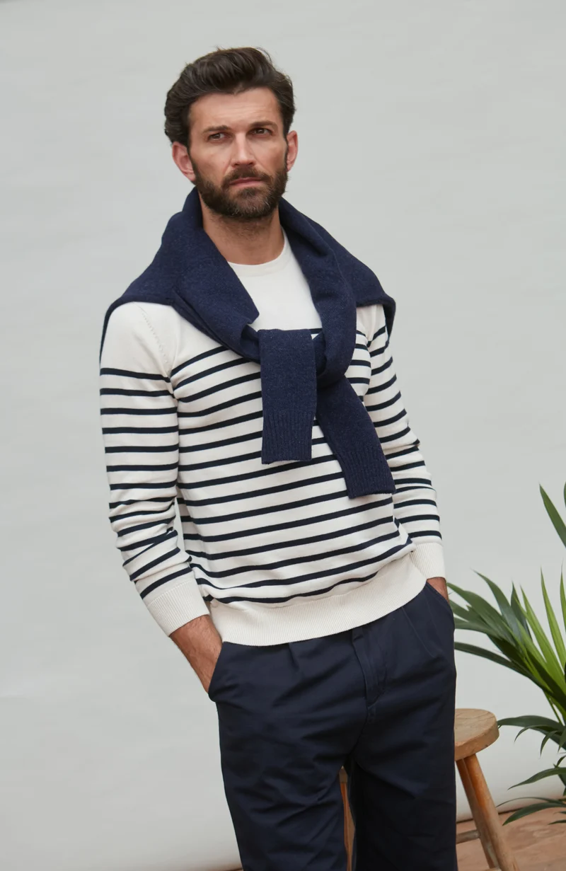 Gestreifter bretonischer Herrenpullover aus 100 % Baumwolle