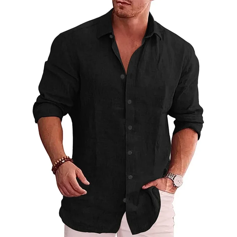 Herren Poloshirt Leinenhemd Langarm T-Shirt Leinen Hemd Polohemd Freizeithemd