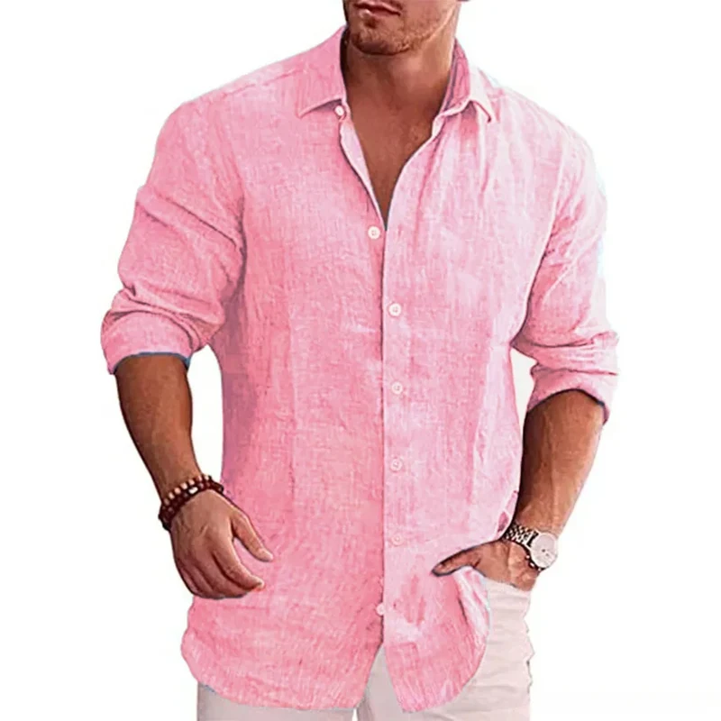 Herren Poloshirt Leinenhemd Langarm T-Shirt Leinen Hemd Polohemd Freizeithemd