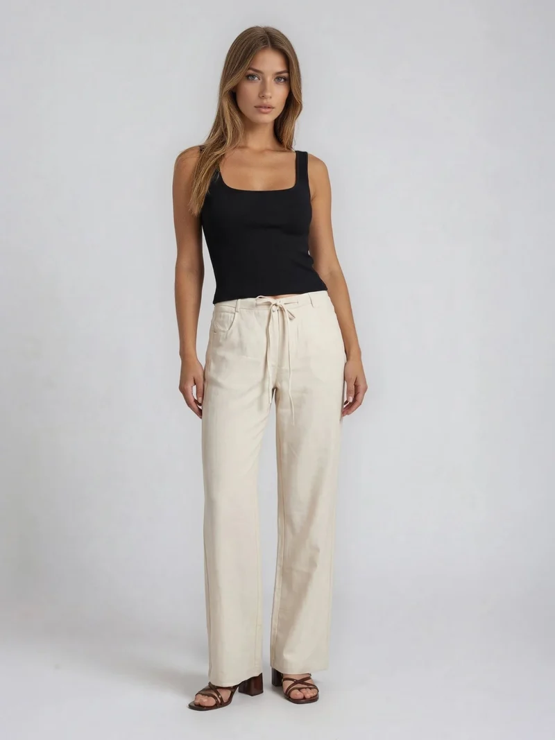 Bogilvy - JULIE - Damen Leinen Sommerhose, Mid-Waist, Beige