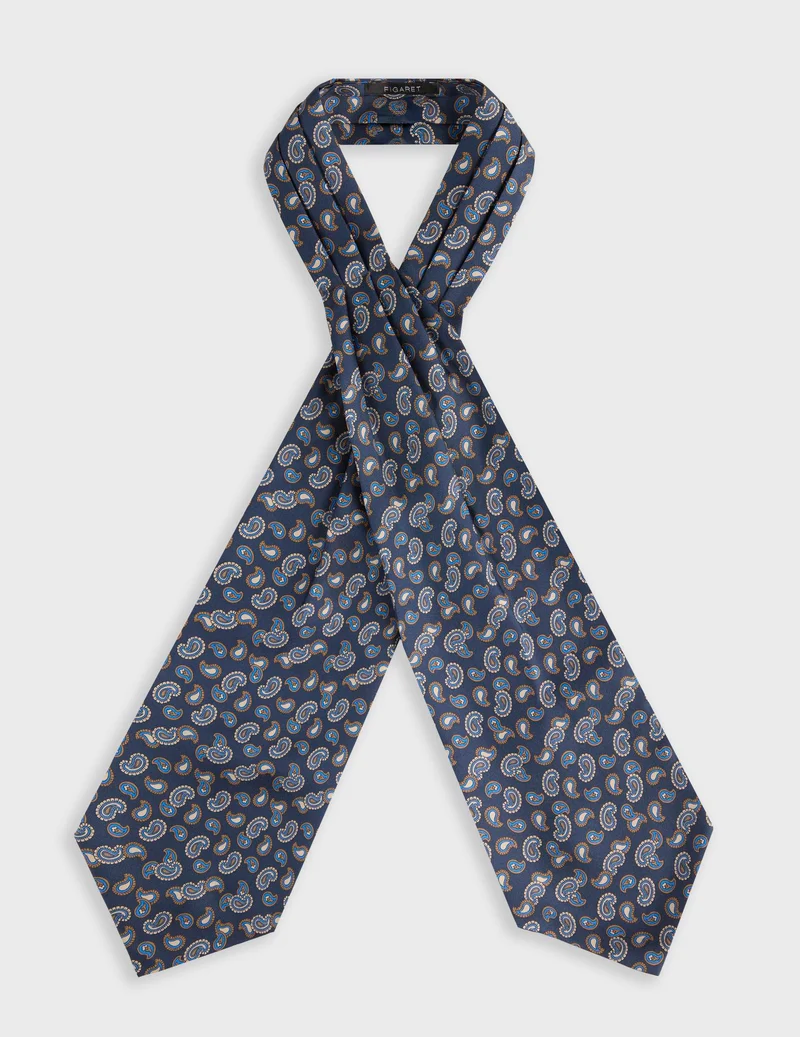 Ascot en twill de soie imprimé paisley bleu