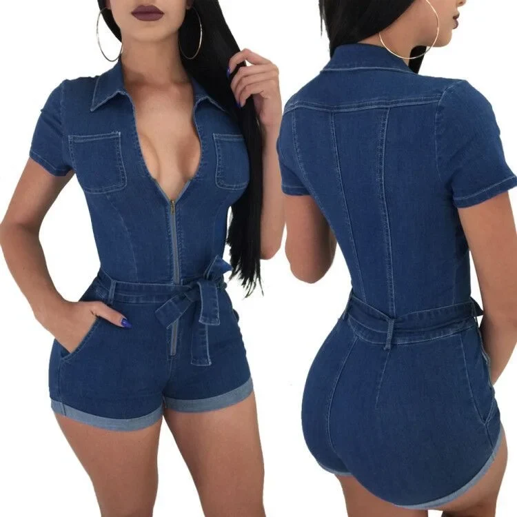 Damen Bermuda Shorts Hotpants Kurze Hose Blue Jeans Denim Einteiler Overall