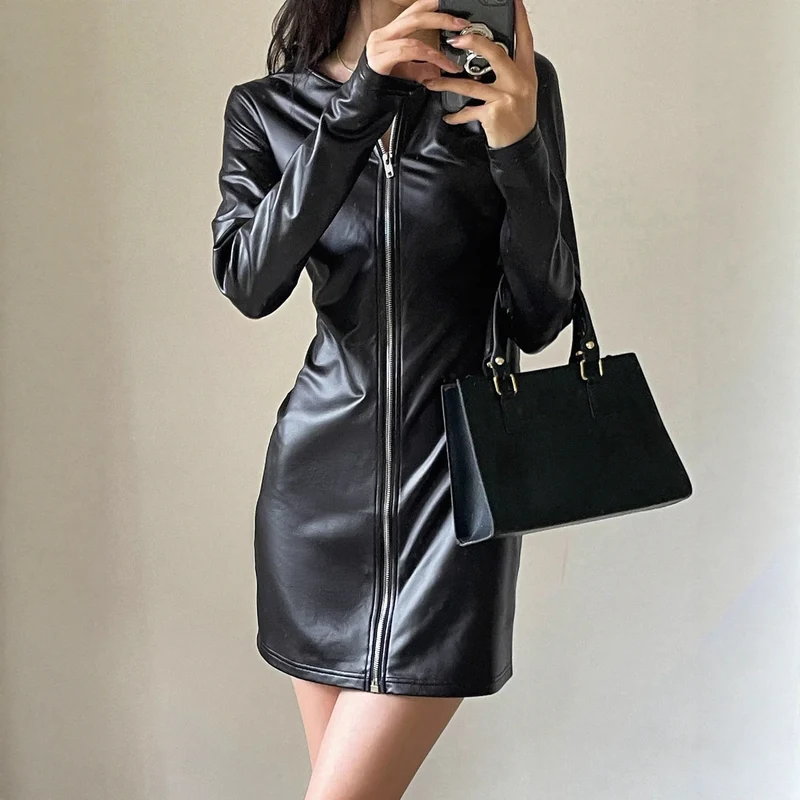 Damen Kleid PU Leder Partykleid Cocktail Abendkleid Sexy Clubwear Minikleid