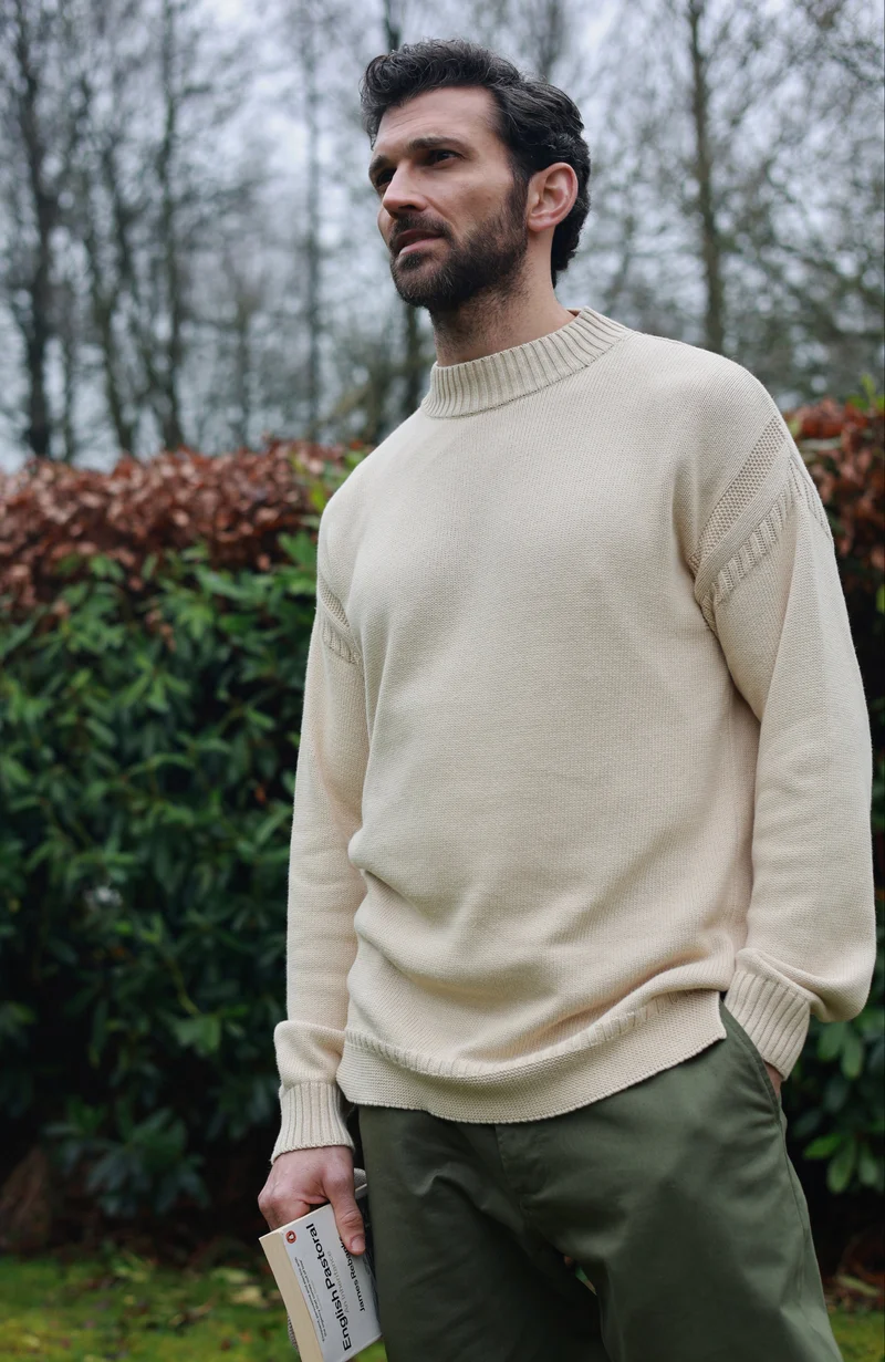 Mens Midweight Organic Cotton Linen Mock Neck Gansey Jumper