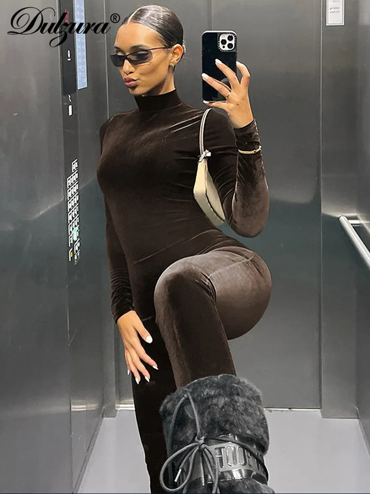 Dulzura Herbst Samt Sexy Y2K Kleidung Lange Hülse O-ansatz Bodycon Dünne Zipper Overall Frauen Sportliche Streetwear Strampler Outfits