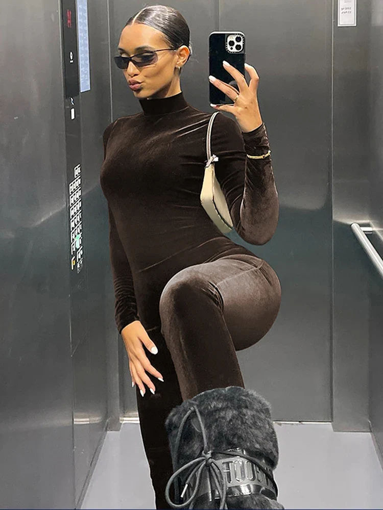 Dulzura Herbst Samt Sexy Y2K Kleidung Lange Hülse O-ansatz Bodycon Dünne Zipper Overall Frauen Sportliche Streetwear Strampler Outfits