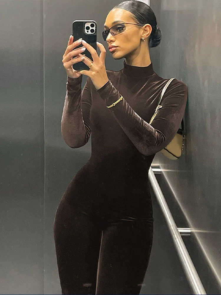 Dulzura Herbst Samt Sexy Y2K Kleidung Lange Hülse O-ansatz Bodycon Dünne Zipper Overall Frauen Sportliche Streetwear Strampler Outfits