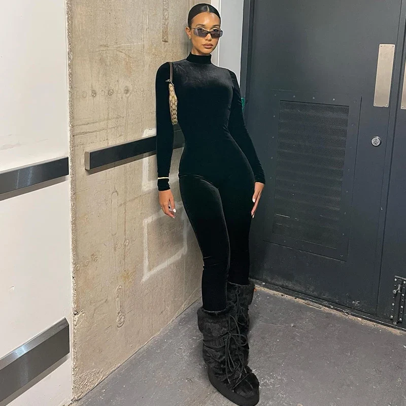 Dulzura Herbst Samt Sexy Y2K Kleidung Lange Hülse O-ansatz Bodycon Dünne Zipper Overall Frauen Sportliche Streetwear Strampler Outfits