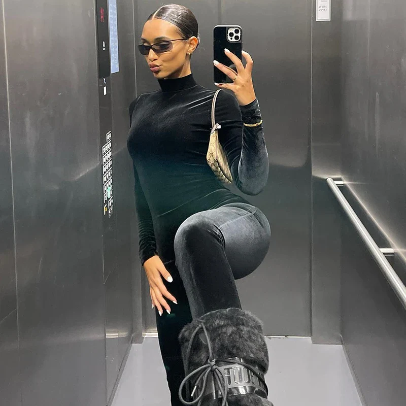 Dulzura Herbst Samt Sexy Y2K Kleidung Lange Hülse O-ansatz Bodycon Dünne Zipper Overall Frauen Sportliche Streetwear Strampler Outfits