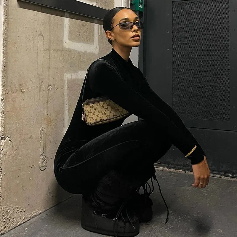 Dulzura Herbst Samt Sexy Y2K Kleidung Lange Hülse O-ansatz Bodycon Dünne Zipper Overall Frauen Sportliche Streetwear Strampler Outfits