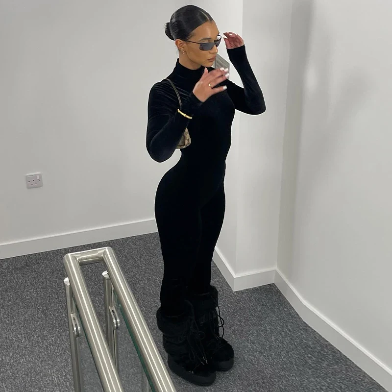 Dulzura Herbst Samt Sexy Y2K Kleidung Lange Hülse O-ansatz Bodycon Dünne Zipper Overall Frauen Sportliche Streetwear Strampler Outfits