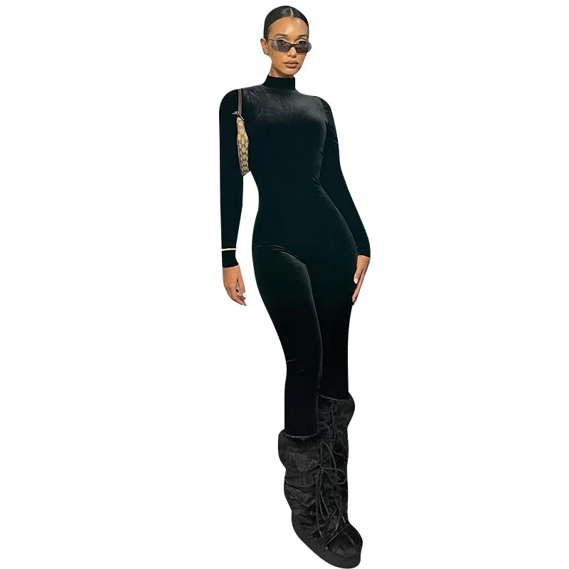 Dulzura Herbst Samt Sexy Y2K Kleidung Lange Hülse O-ansatz Bodycon Dünne Zipper Overall Frauen Sportliche Streetwear Strampler Outfits