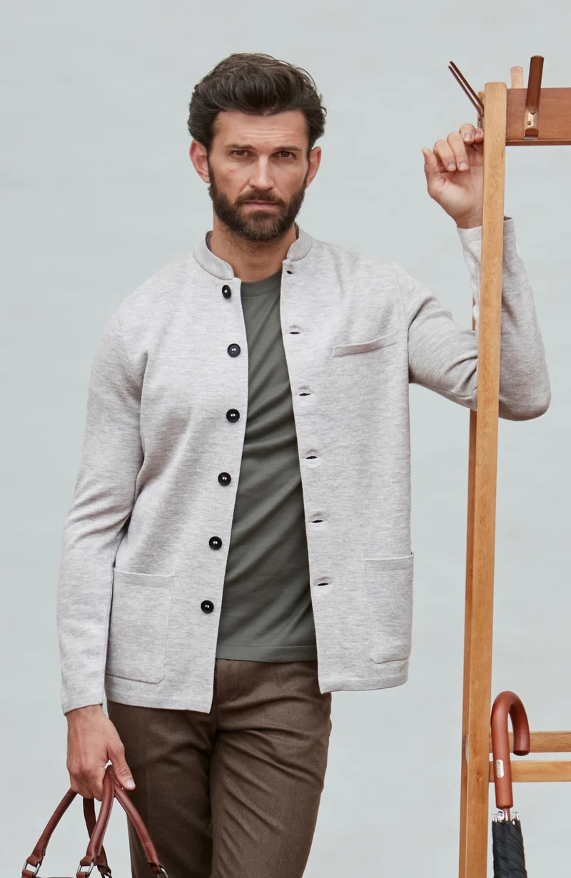Mens Extra Fine Merino Wool Knitted Nehru Jacket